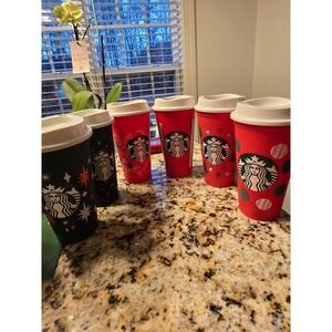 Starbucks Tumblers Cups Red Black Holiday Christmas Set of 6‎ Lids